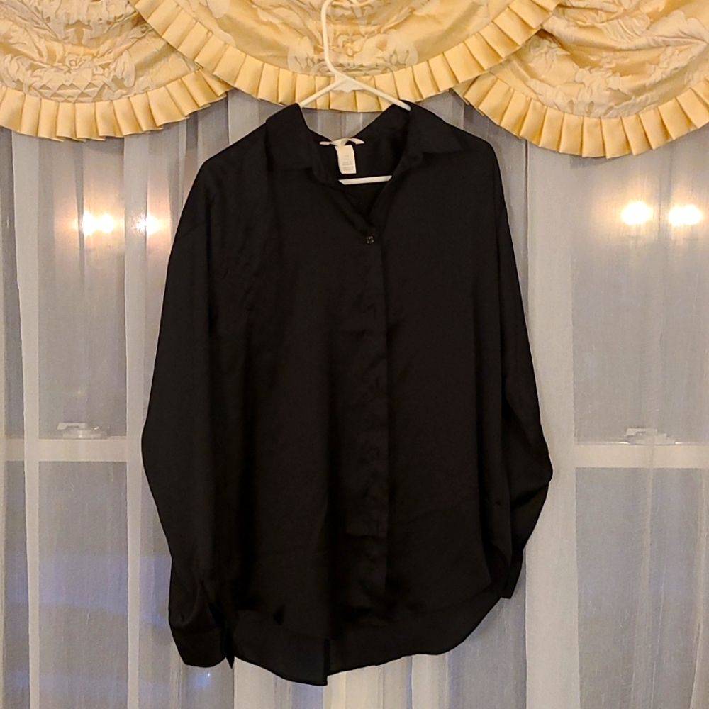 Black, silk, button up blouse